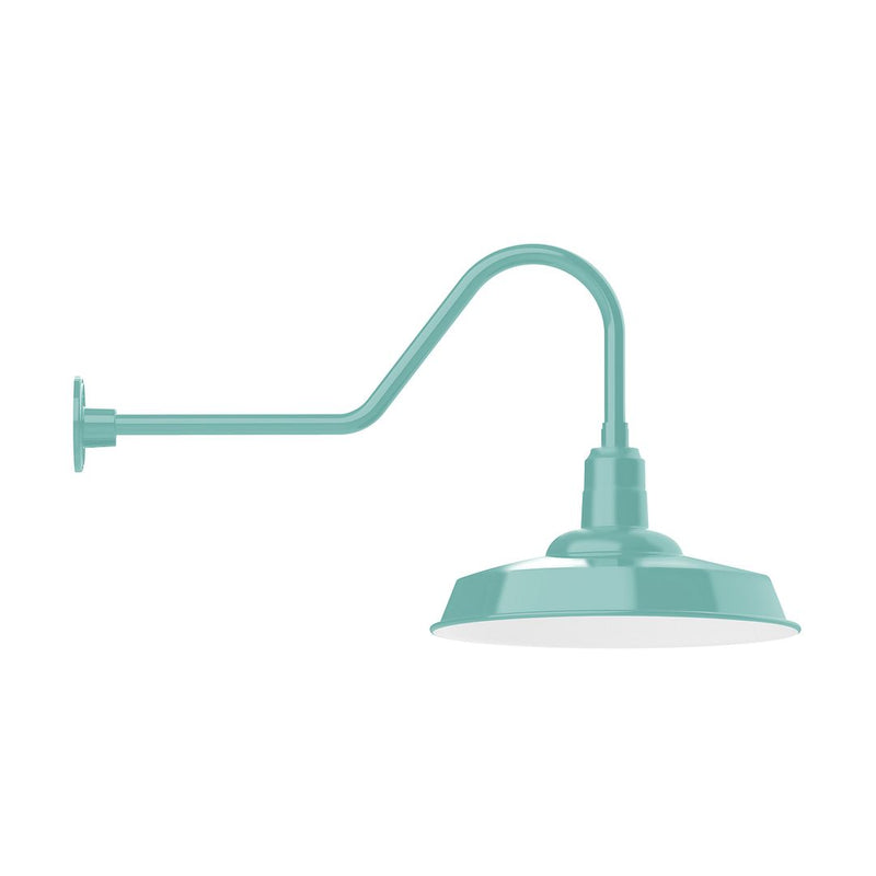 Sea green gooseneck wall light with shallow domed shade and curved arm