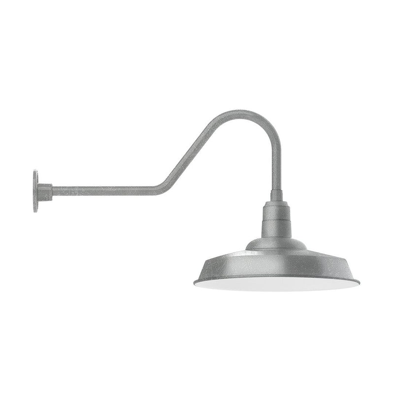 Gooseneck wall light with painted galvanized shade and curved arm, gray finish