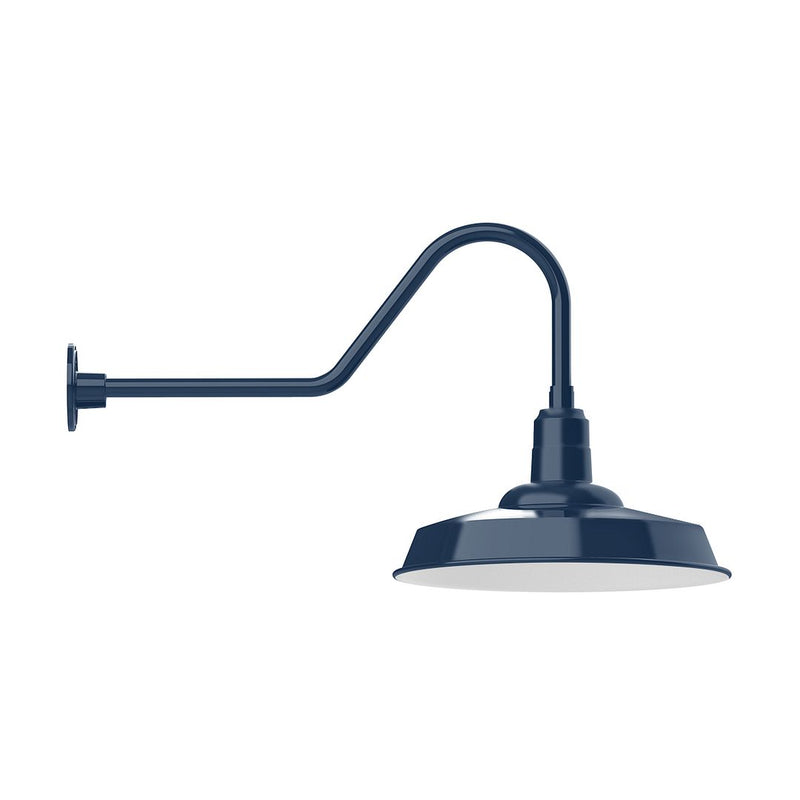 Navy LED gooseneck wall light with round back plate and downward dome shade