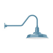 Light blue LED gooseneck wall light with wide dome shade and curved arm
