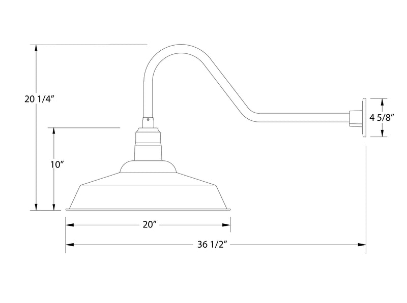 Forest green gooseneck wall light dimension diagram with 20 in and 10 in