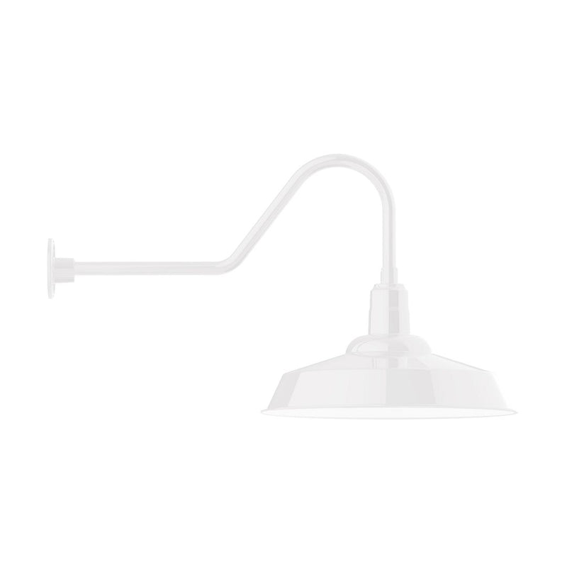 White gooseneck wall light with flared metal shade and curved arm