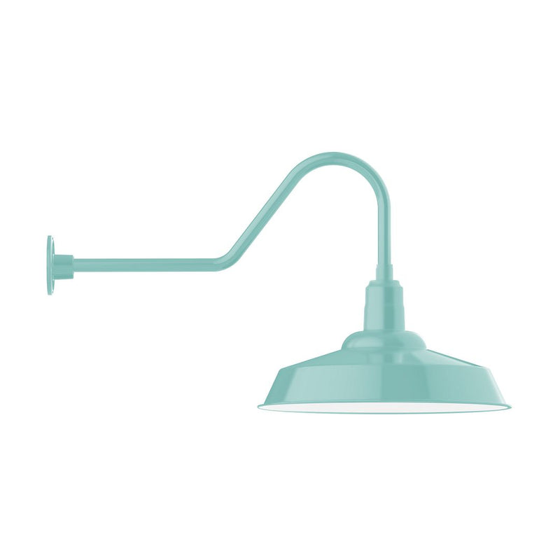 Sea green gooseneck wall light with arched arm and dome shade, 20 in length