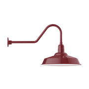 Barn red gooseneck wall light with bell shade and curved arm, wall mount bracket