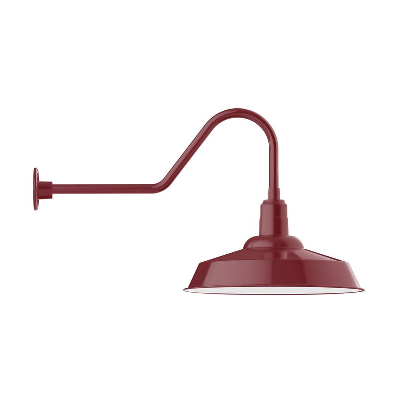 Barn red gooseneck wall light with bell shade and curved arm, wall mount bracket