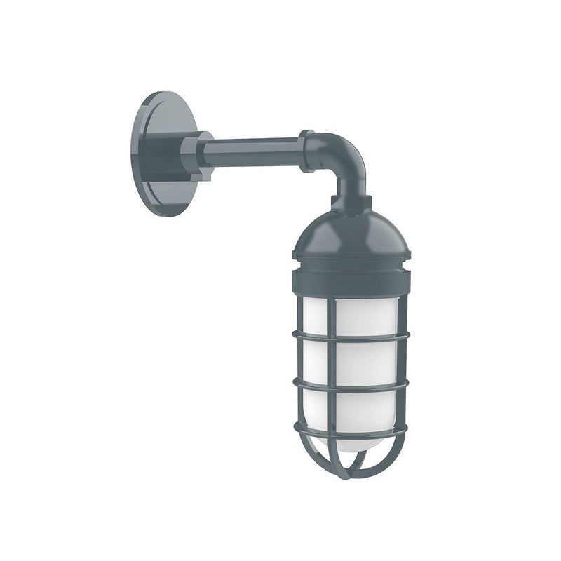 Slate gray wall-mounted lantern light with metal cage shade and glass top