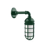 Forest green wall lamp with metal cage and frosted glass diffuser