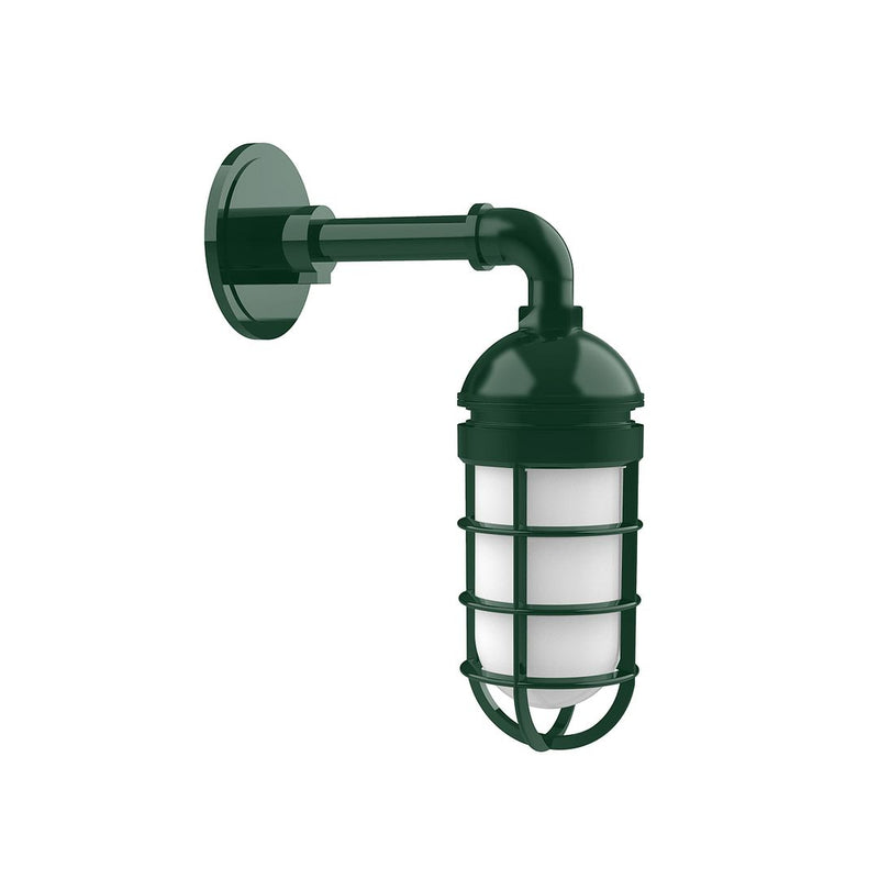 Forest green wall lamp with metal cage and frosted glass diffuser
