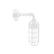 White lantern-style wall light with frosted glass and metal guard frame