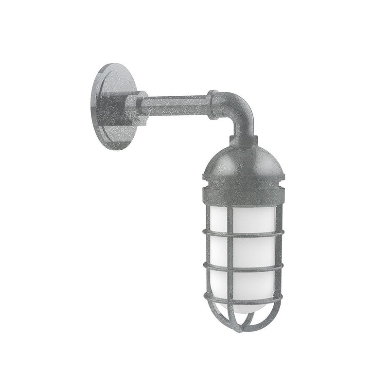 Painted galvanized wall lantern with frosted glass and metal guard cage