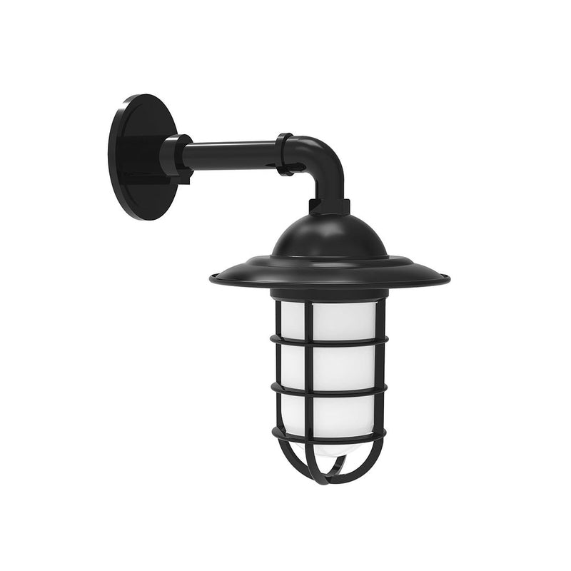 Black wall light with lantern-style cage and frosted glass shade