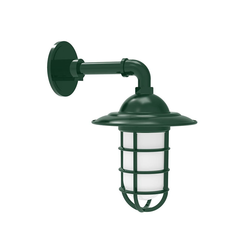 Forest green wall light with lantern cage, dome top, and curved mount arm