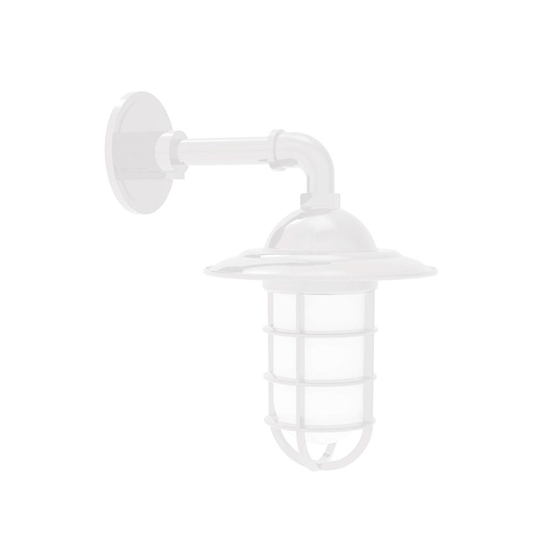 White wall light with frosted glass globe and metal lantern guard