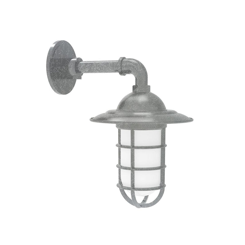 Painted galvanized wall light with round backplate and lantern cage