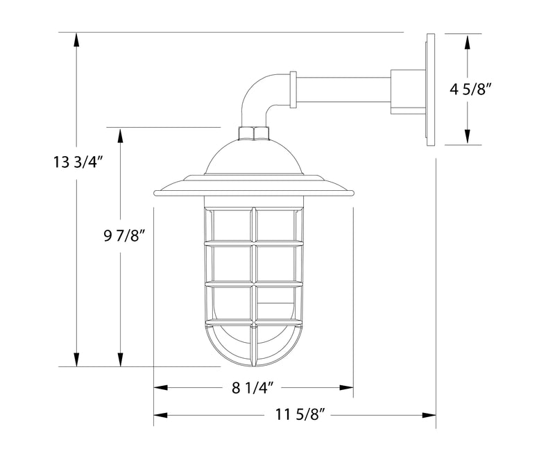 Wall lantern light diagram with mounting arm and lantern dimensions