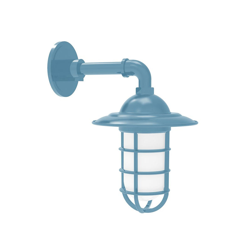Light blue exterior wall lantern with frosted glass and protective cage