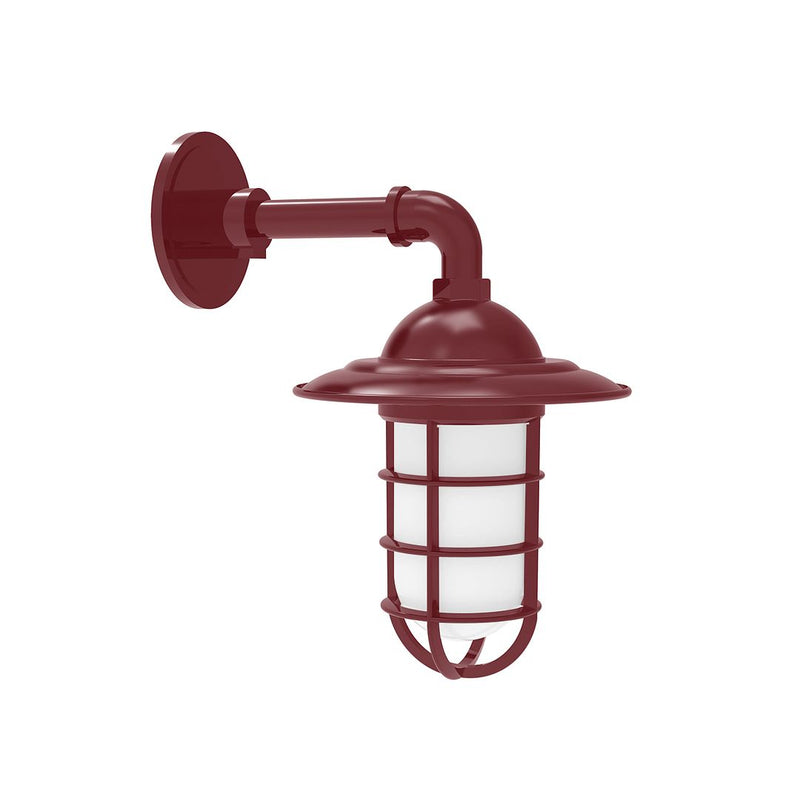 Barn red wall lantern with round backplate and glass cage shade