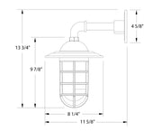 Wall lantern light diagram with dimensions and glass cage shade