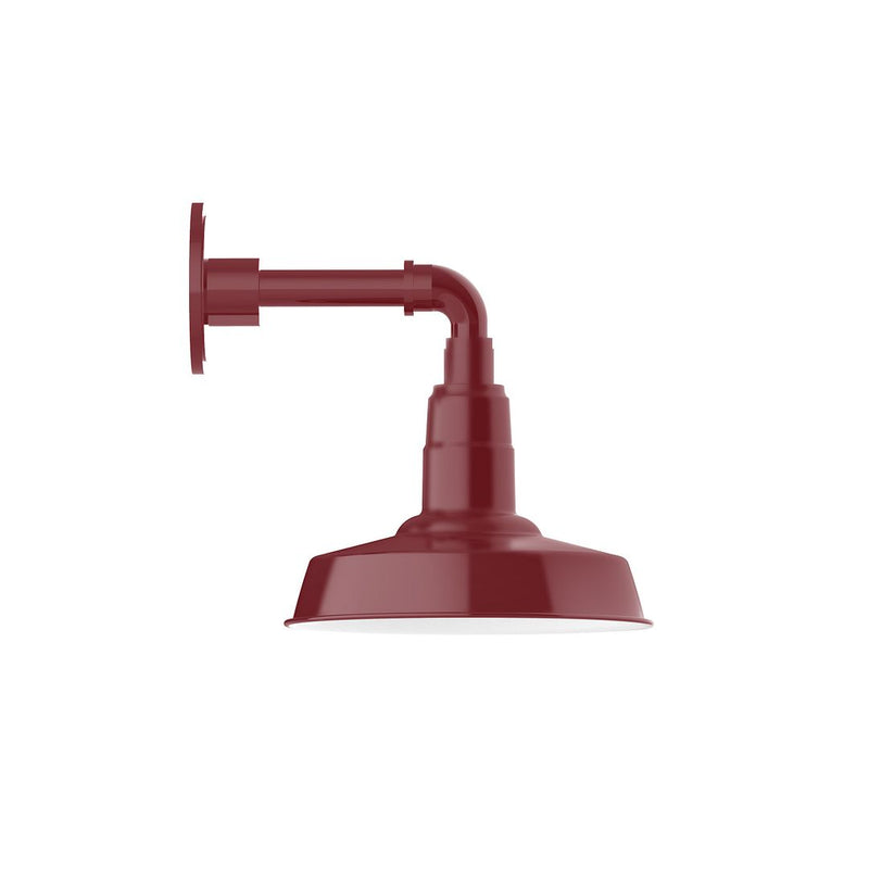 Barn red straight-arm wall light with flared dome shade and round wall mount plate