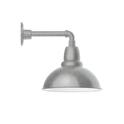 Wall-mounted gooseneck barn light with painted galvanized shade, dark gray finish.