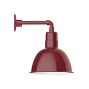 Barn red wall light with straight arm and deep bowl shade, exterior mount