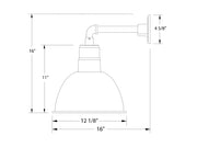 White deep bowl wall light diagram with straight arm and dimensions