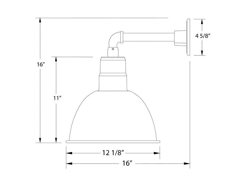 White deep bowl wall light diagram with straight arm and dimensions