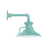 Sea green straight-arm wall light with bell-style shade and curved arm