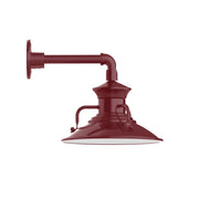 Barn red straight arm wall light with down hood and curved wall-mount bracket.