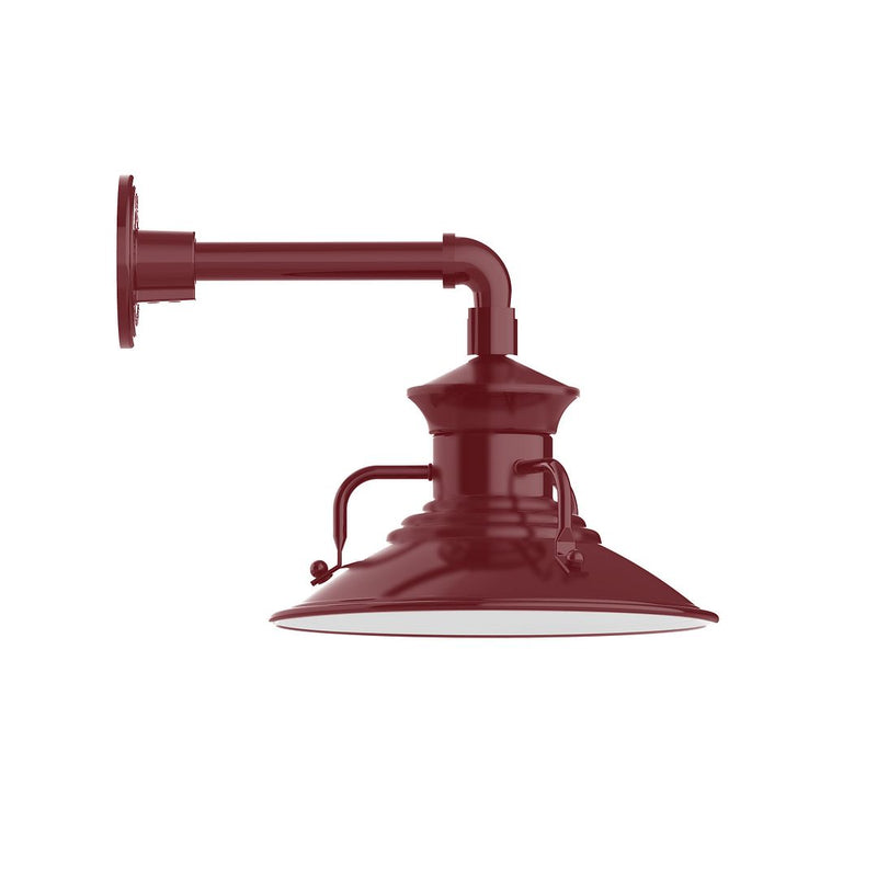 Barn red straight arm wall light with down hood and curved wall-mount bracket.