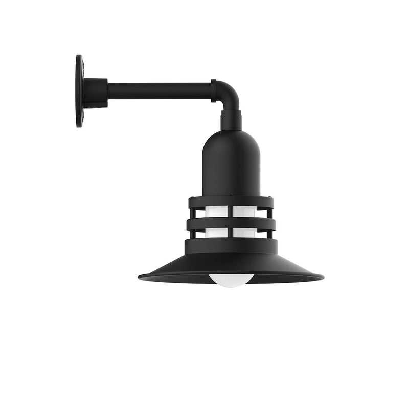 Black straight-arm wall light with barn-style shade and white frosted diffuser