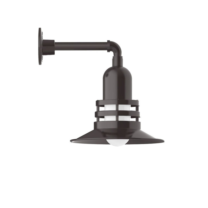 Architectural bronze wall light with straight arm and lantern-style shade