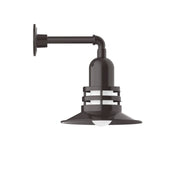 Architectural bronze wall light with curved arm and bell-shaped metal shade