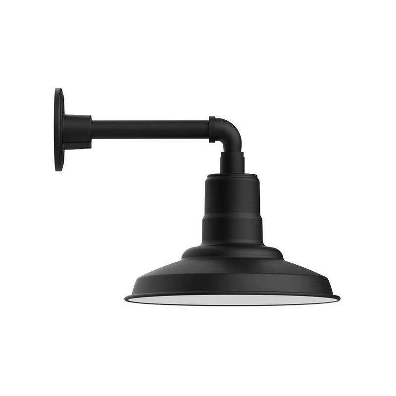 Black straight-arm wall light with round backplate and downward dome shade