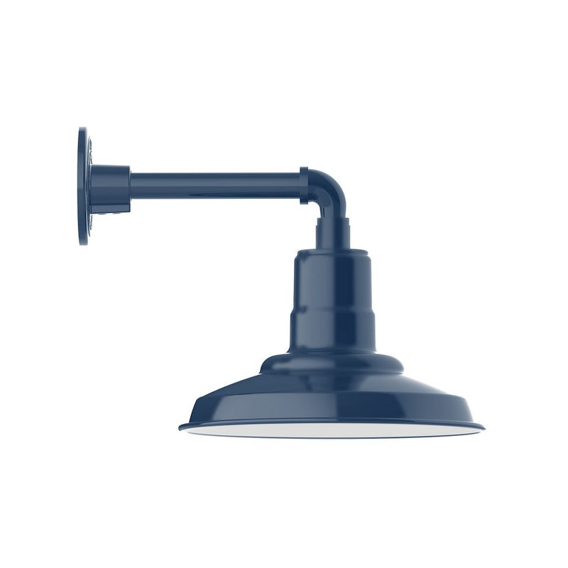 Navy straight-arm wall light with bell shade and angled gooseneck arm