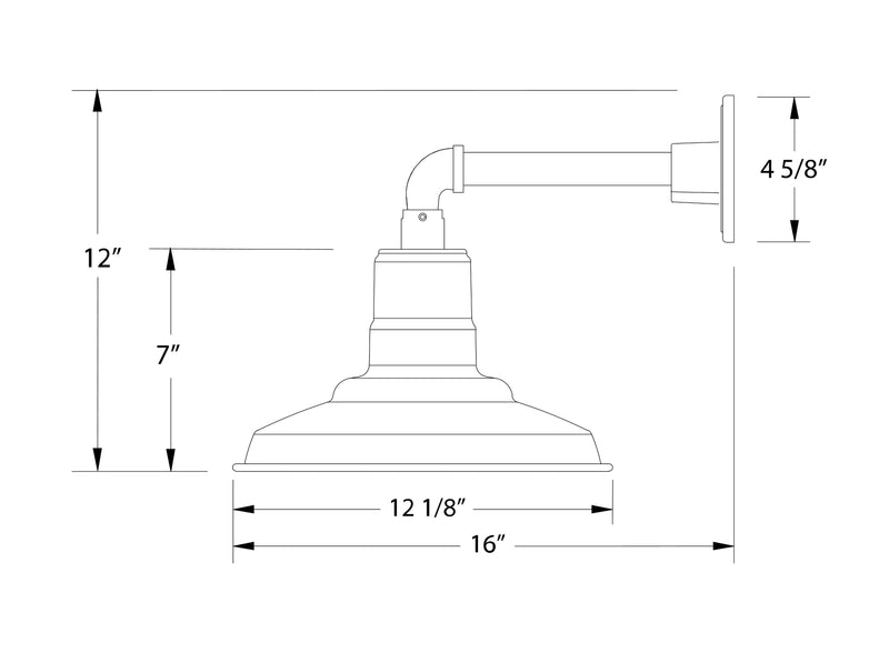 Dimension diagram for white wall light: 12" height, 16" width, 4 5/8" projection