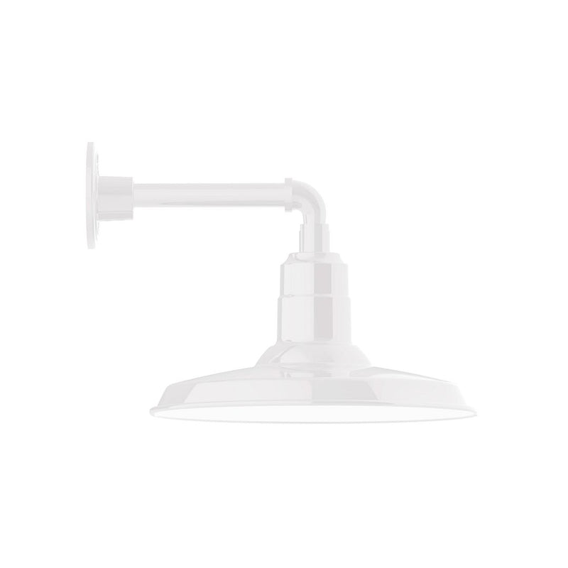 White straight-arm wall light with wide metal shade and wall mount bracket