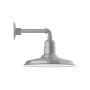 Painted galvanized wall light with downward bell shade and curved arm, gray finish