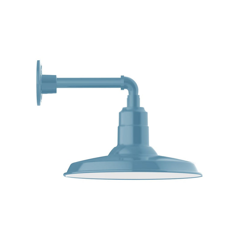 Light blue straight-arm wall light with round bell shade and curved mount