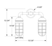 Two-light wall light sketch with straight arms, rounded backplate, and lantern shades