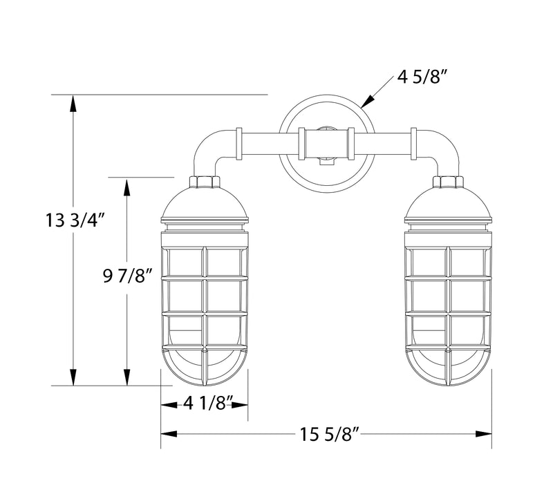 Two-light wall light sketch with straight arms, rounded backplate, and lantern shades