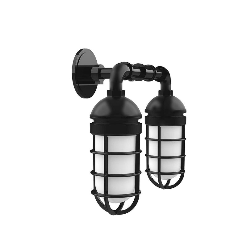 Black two-light straight-arm wall light with frosted glass lantern shades