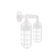White 2-light straight arm wall light with two lantern-style glass shades and curved arms
