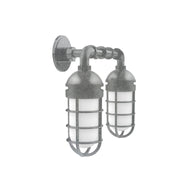 Two-light wall sconce with painted galvanized arms and frosted glass shades
