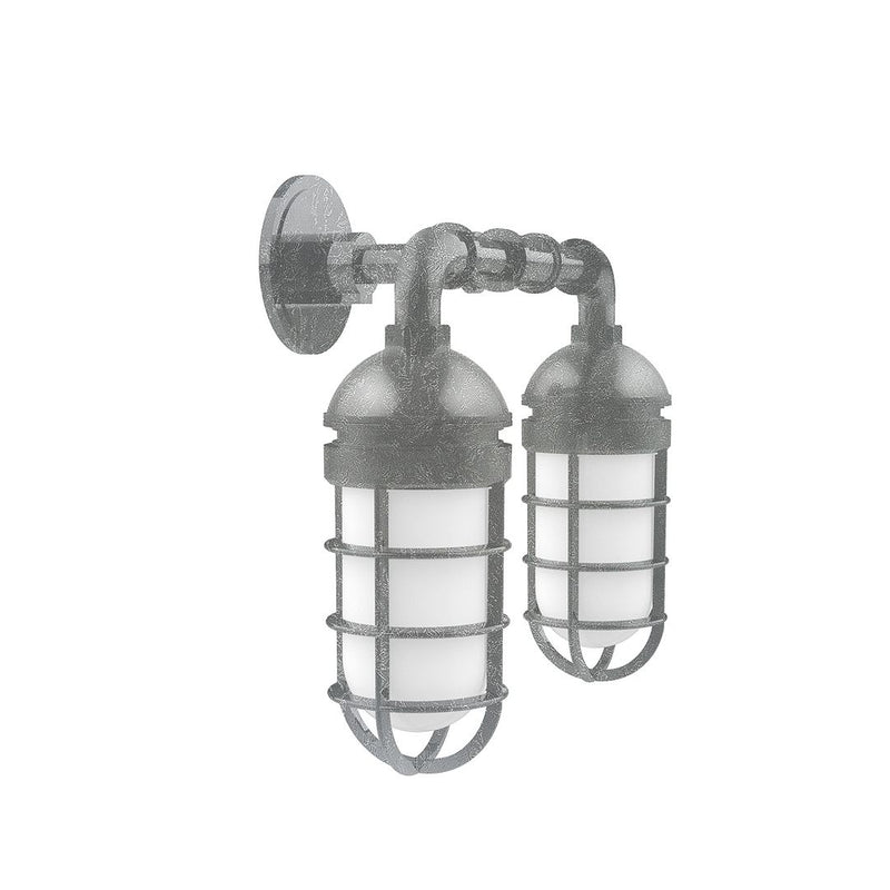 Two-light wall sconce with painted galvanized arms and frosted glass shades