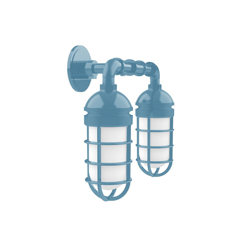 Two-light straight-arm wall lantern in light blue with frosted glass shades