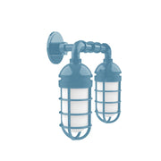 Light blue 2-light straight arm wall lantern with frosted glass shades and cage guards