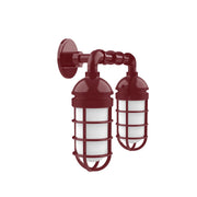Two-light barn red wall lantern with curved metal cage and frosted glass shades