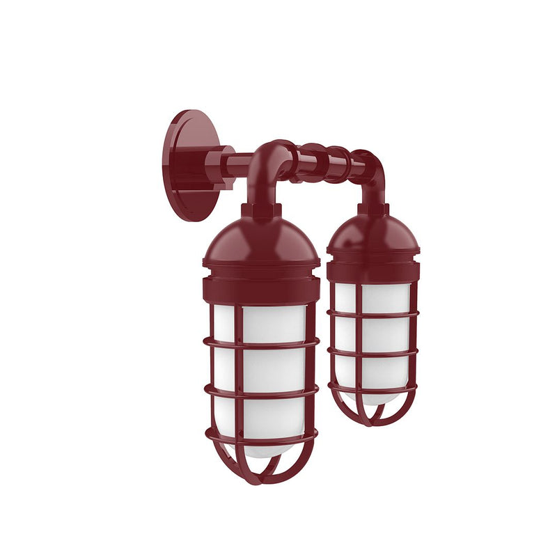 Two-light barn red wall lantern with curved metal cage and frosted glass shades