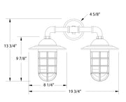 2-light straight arm wall light diagram with frosted glass shades and mounting dimensions